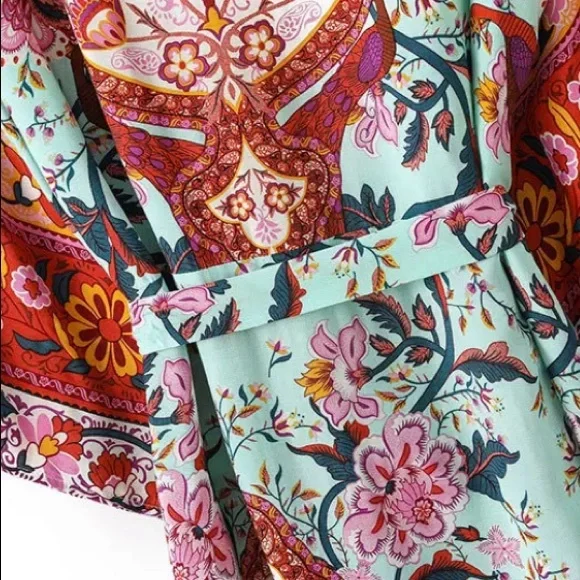 Colorful Red Mint Peacock Floral Bohemian Boho Duster Wrap Kimono Coverup Robe - Picture 11 of 11
